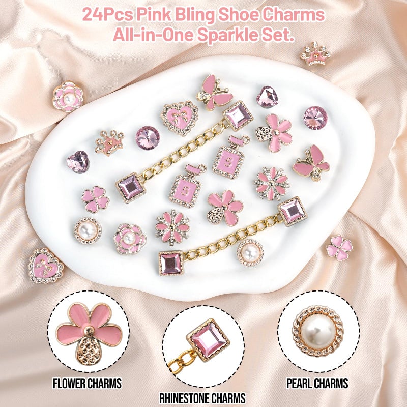 Lugailly 24Pcs Pink Bling Shoe Charms for Women and Girls, Gold Clog Shoe Decoration Charms with Gems Shoes Chain, Cute DIY Shoes Jewelry Charm Set - Heart, Flower & Butterfly Designs for Party Birthday Gifts - Image 2