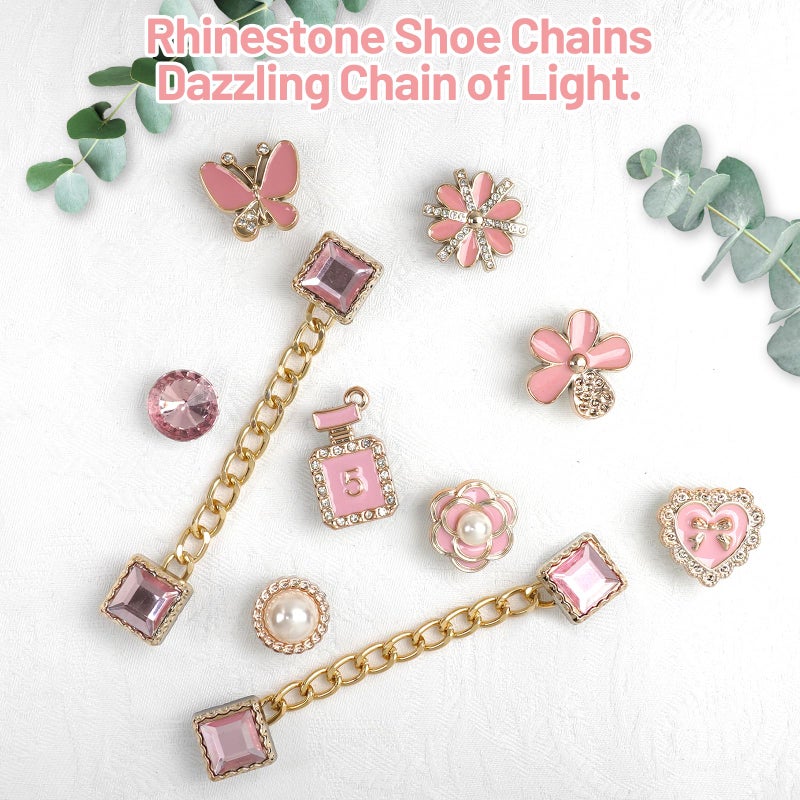 Lugailly 24Pcs Pink Bling Shoe Charms for Women and Girls, Gold Clog Shoe Decoration Charms with Gems Shoes Chain, Cute DIY Shoes Jewelry Charm Set - Heart, Flower & Butterfly Designs for Party Birthday Gifts - Image 4