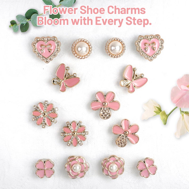 Lugailly 24Pcs Pink Bling Shoe Charms for Women and Girls, Gold Clog Shoe Decoration Charms with Gems Shoes Chain, Cute DIY Shoes Jewelry Charm Set - Heart, Flower & Butterfly Designs for Party Birthday Gifts - Image 3