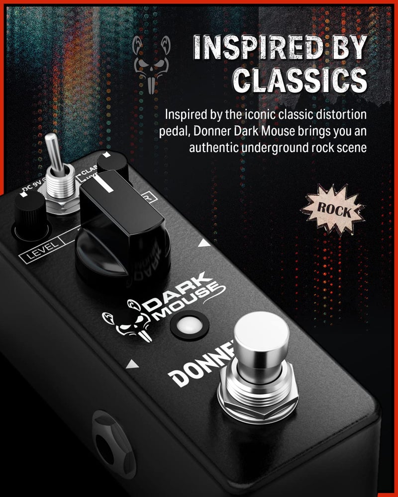 Donner Dark Mouse Distortion Pedal for Pedalboard Electric Guitar, 2 Modes Classic Hyper Crunch to Fuzzy Guitar Pedal True Bypass - Image 2