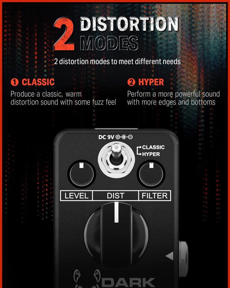 Donner Dark Mouse Distortion Pedal for Pedalboard Electric Guitar, 2 Modes Classic Hyper Crunch to Fuzzy Guitar Pedal True Bypass - Image 3