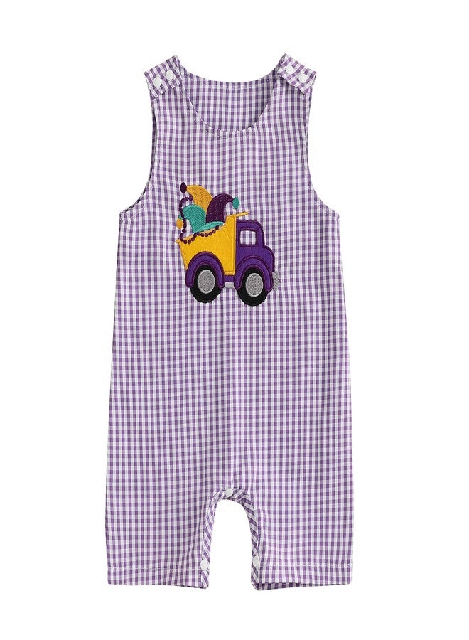 Lamuusaa Newborn Baby Girl Boy Mardi Gras Outfit Sleeveless Plaid Mardi Gras Dog/Truck Embroidery Romper Jumpsuit 0-18M (Purple, 0-3 Months) - Image 1