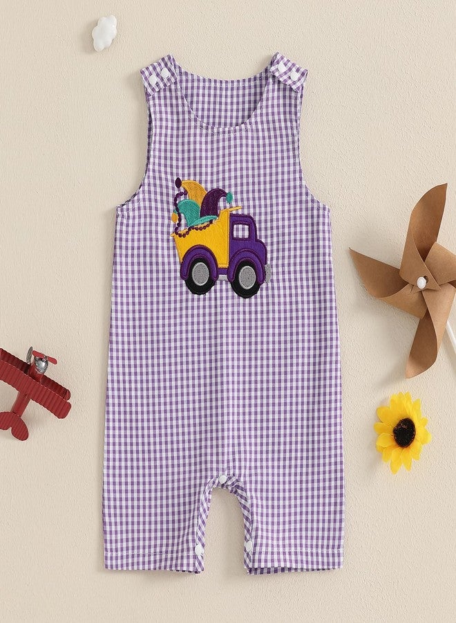 Lamuusaa Newborn Baby Girl Boy Mardi Gras Outfit Sleeveless Plaid Mardi Gras Dog/Truck Embroidery Romper Jumpsuit 0-18M (Purple, 0-3 Months) - Image 2