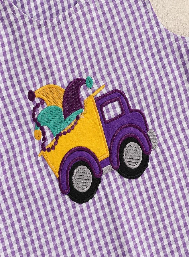 Lamuusaa Newborn Baby Girl Boy Mardi Gras Outfit Sleeveless Plaid Mardi Gras Dog/Truck Embroidery Romper Jumpsuit 0-18M (Purple, 0-3 Months) - Image 4