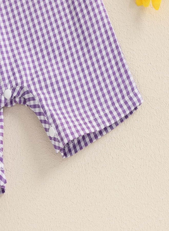 Lamuusaa Newborn Baby Girl Boy Mardi Gras Outfit Sleeveless Plaid Mardi Gras Dog/Truck Embroidery Romper Jumpsuit 0-18M (Purple, 0-3 Months) - Image 5