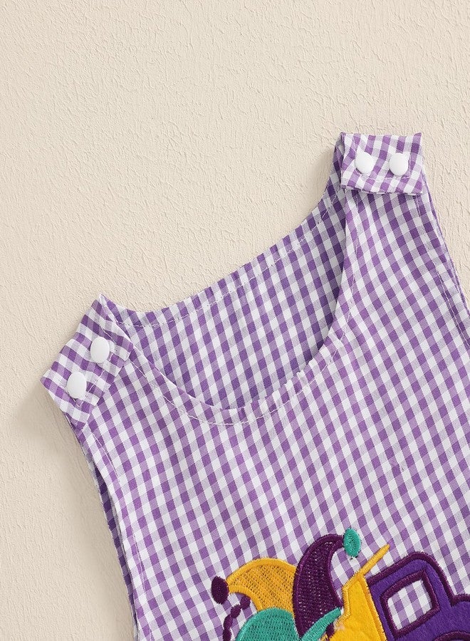 Lamuusaa Newborn Baby Girl Boy Mardi Gras Outfit Sleeveless Plaid Mardi Gras Dog/Truck Embroidery Romper Jumpsuit 0-18M (Purple, 0-3 Months) - Image 3