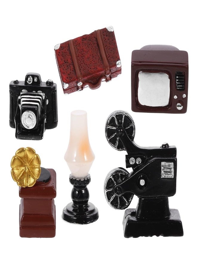 ifundom 6PCS Miniature Retro Camera Ornaments Dollhouse Accessories Vintage Style Mini Phonograph Tv Video Camera Projector Kerosene Lamp Suitcase 0.86 Inch for Doll House Decor - Image 1
