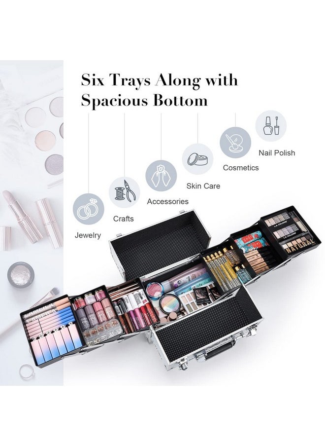 FRENESSA - Makeup Case Cosmetic Organizer Case Extra Large 12 Inch 6 Trays Portable Makeup Organizer Case Make Up Carrying Box With Lockable For Esthetician Nail Students Craft Travel Glitter Silver - Image 1