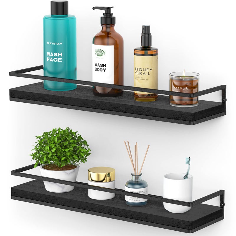Meangood Floating Shelves Wall Mounted Set of 2, Rustic Wood Wall Storage Shelves for Bedroom,Living Room,Bathroom, Kitchen (Black) - Image 1