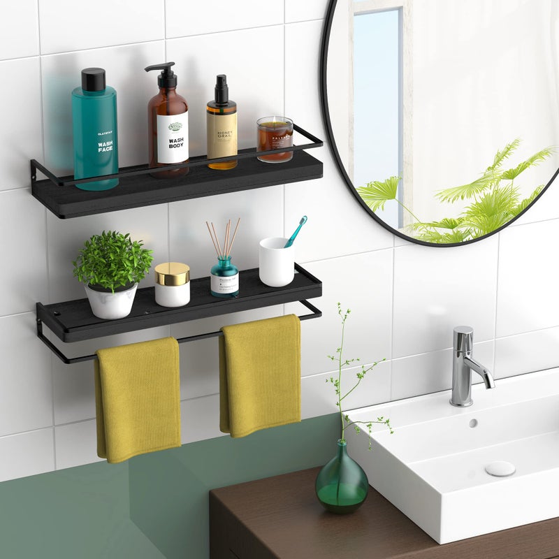 Meangood Floating Shelves Wall Mounted Set of 2, Rustic Wood Wall Storage Shelves for Bedroom,Living Room,Bathroom, Kitchen (Black) - Image 2