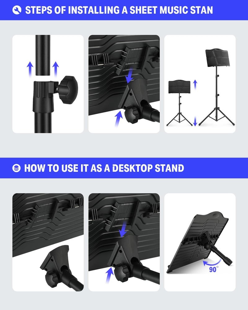 Donner Sheet Music Stand with Light, DMS-1 Portable Metal Music Stand, Tabletop Music Book Stand for Guitar, Ukulele, Violin Players - Image 4
