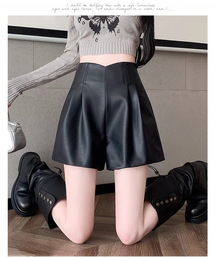 pu leather high waist wide leg casual short pants outer boot pants 2024 autumn and winter new ladies small thick spring - Image 1
