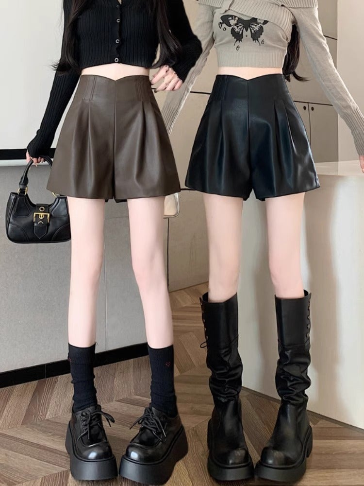 pu leather high waist wide leg casual short pants outer boot pants 2024 autumn and winter new ladies small thick spring - Image 3