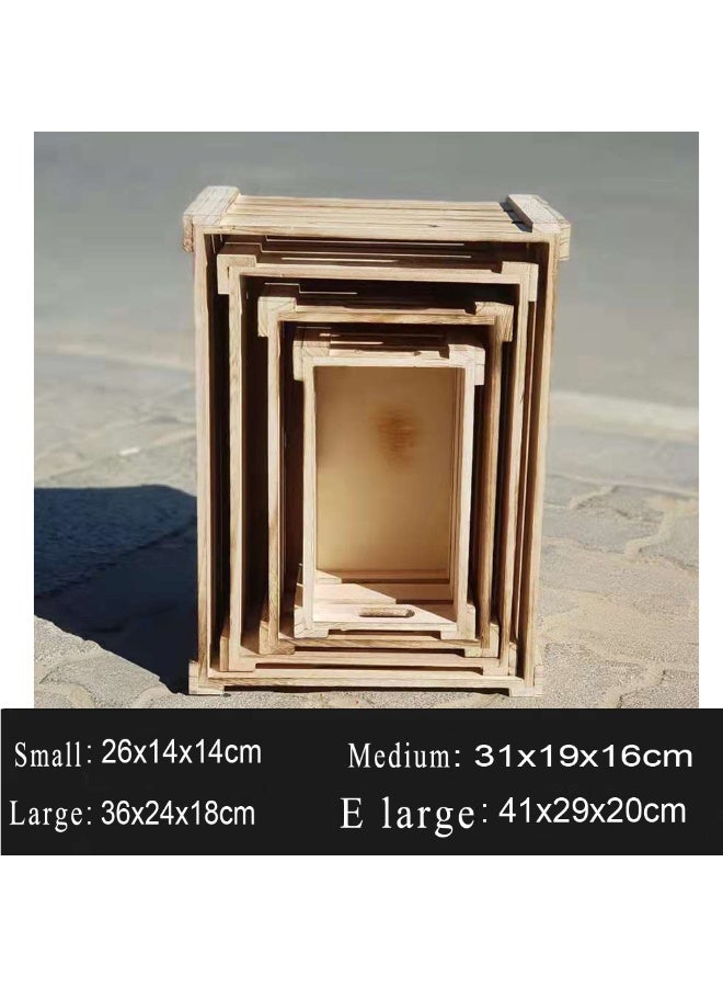 LINGWEI Wooden Storage Box 4 pcs Set With Handles Solid Wood Boxes Rustic Farmhouse Style For Display Decorative Bamboo Crates Home Basket Beige - Image 3