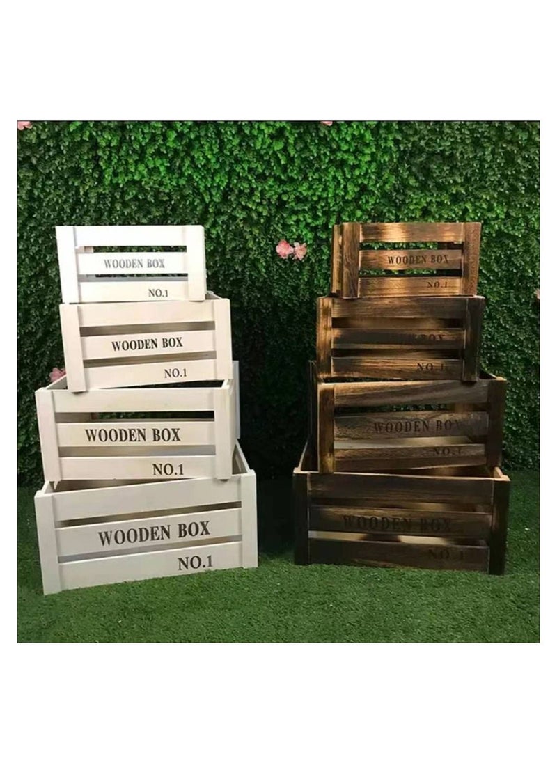 Wooden Storage Box 4 pcs Set With Handles Solid Wood Boxes Rustic Farmhouse Style For Display Decorative Bamboo Crates Home Basket White