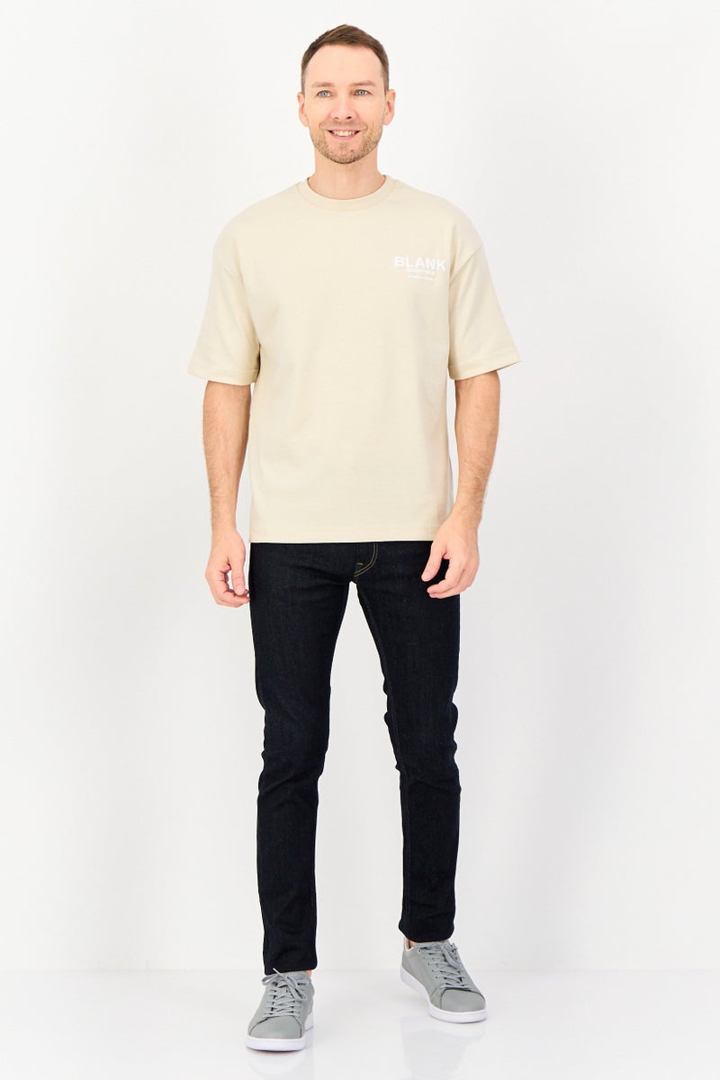 Blank Essentials Men Crew Neck Short Sleeve Brand Logo T-Shirt, Beige - Image 4