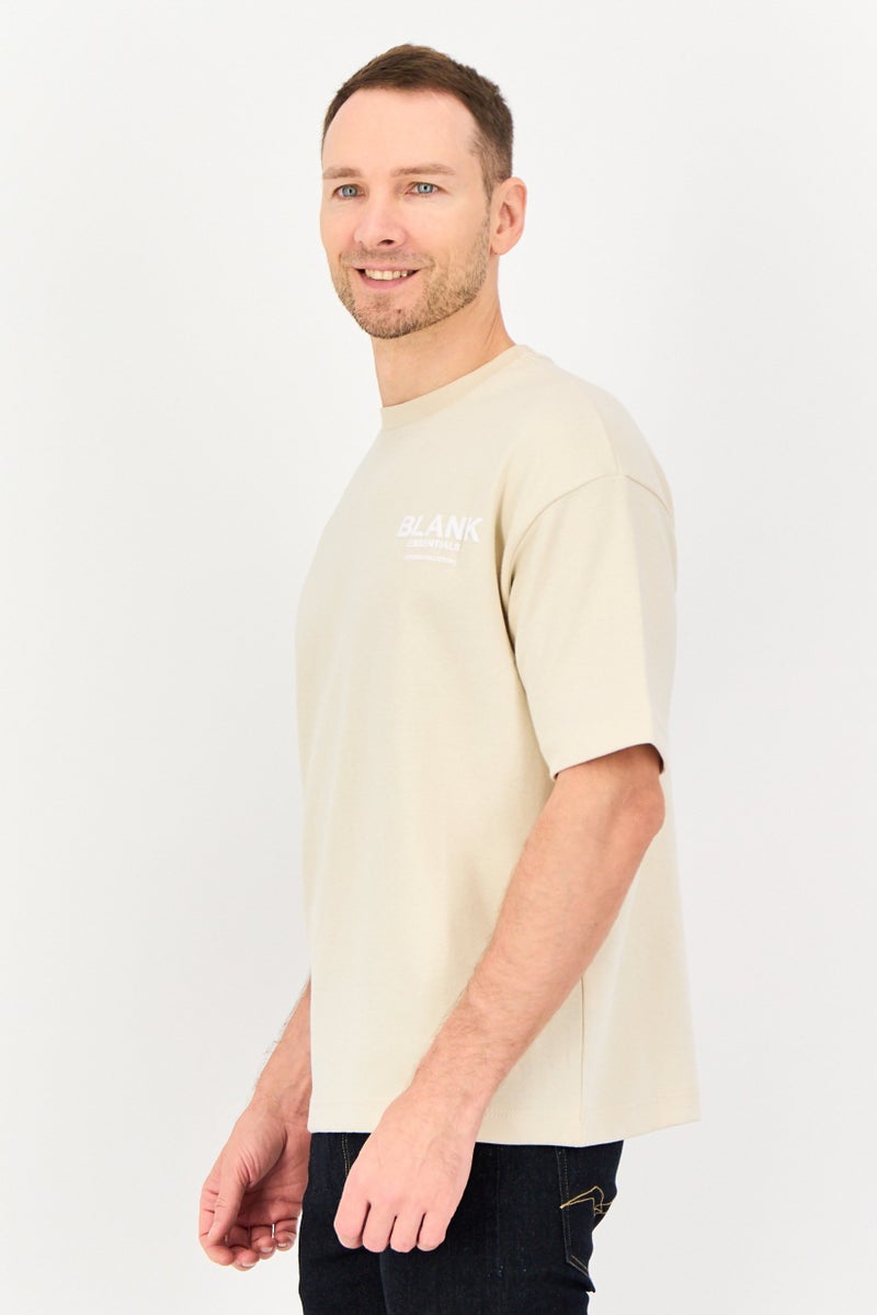 Blank Essentials Men Crew Neck Short Sleeve Brand Logo T-Shirt, Beige - Image 2