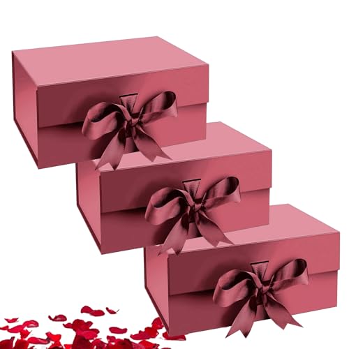 Aakriti Maroon Foldable Rakhi Gift Box Empty Gift Box with Satin Ribbon, Multipurpose Hamper Box Holds upto 5 kg Reuse Gift Boxes for Gift Packing (Medium 24 x 17 x 10 cm, Maroon Matte Finish 3Pcs) - Image 1
