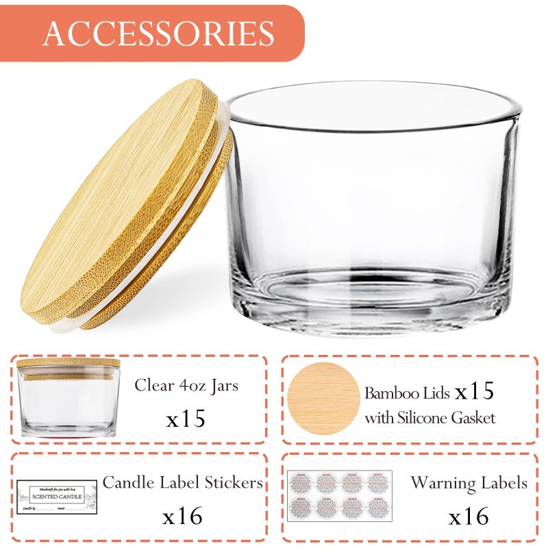 CONNOO 15 Pack 4 OZ Clear Glass Candle Jars with Airtight Bamboo Lids for Making Candles, Bulk Small Wide Mouth Empty Candle Containers with Sticky Warning Labels - Dishwasher Safe - Image 2