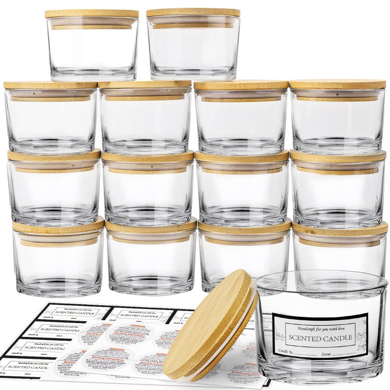 CONNOO 15 Pack 4 OZ Clear Glass Candle Jars with Airtight Bamboo Lids for Making Candles, Bulk Small Wide Mouth Empty Candle Containers with Sticky Warning Labels - Dishwasher Safe - Image 1
