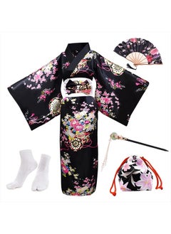 5Pcs Japanese Robe Geisha Yukata Dress Blossom Satin Bathrobe with Drawstring Bag Hand Fan Hairpin Tabi Socks Set for Women