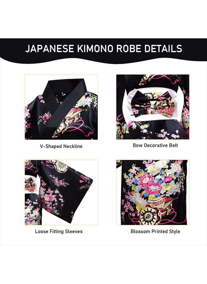 PLULON - 5Pcs Japanese Robe Geisha Yukata Dress Blossom Satin Bathrobe with Drawstring Bag Hand Fan Hairpin Tabi Socks Set for Women - Image 1