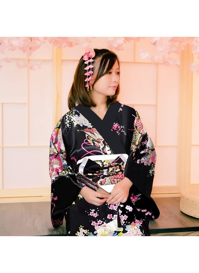 PLULON - 5Pcs Japanese Robe Geisha Yukata Dress Blossom Satin Bathrobe with Drawstring Bag Hand Fan Hairpin Tabi Socks Set for Women - Image 1
