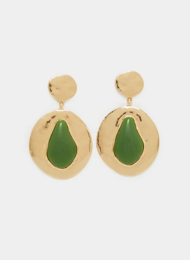 Styli Gold Tone Dangle Earrings with Green Stone Accents