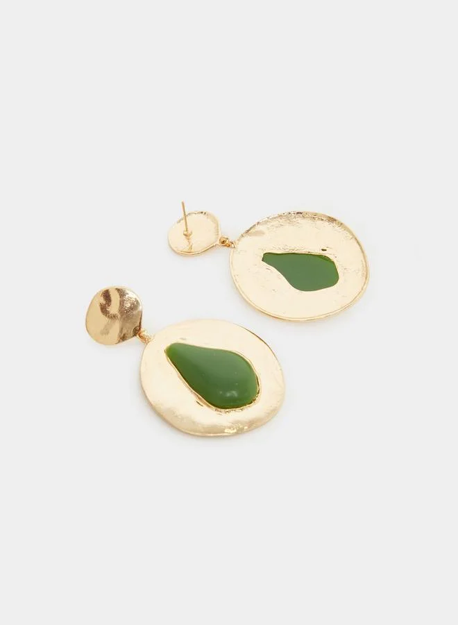 Styli Gold Tone Dangle Earrings with Green Stone Accents