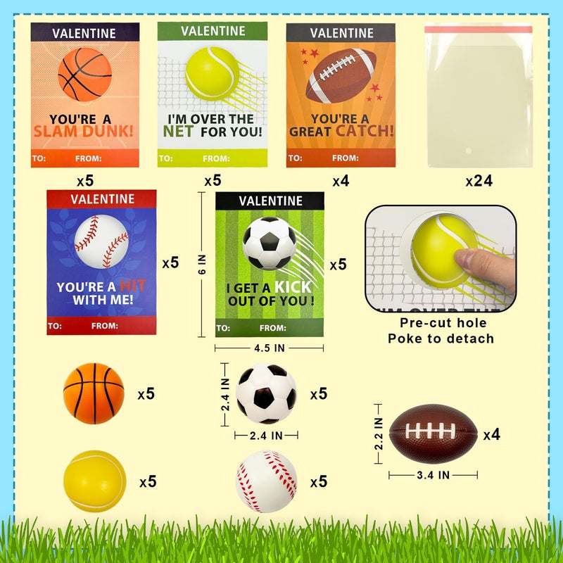 Leetous Sports Valentines Cards Gifts For Kids School Classroom -24 Pack Mini Foam Ball Toys With Exchange Cards For Boys Girls Valentines Party Favors Goodie Bag Stuffer Class Treats Prizes For Toddlers - Image 2