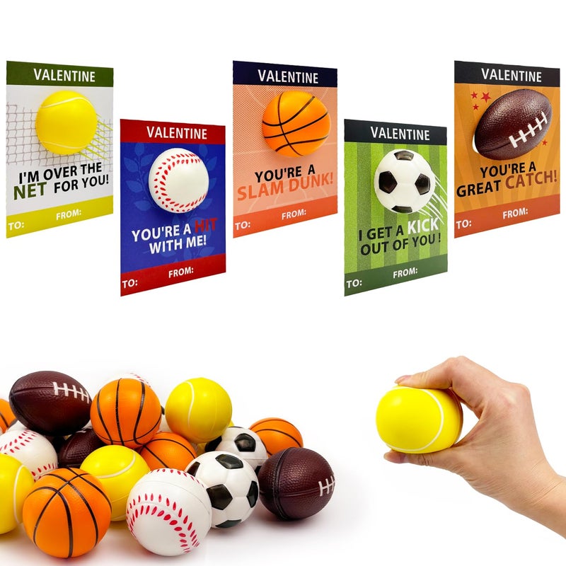 Leetous Sports Valentines Cards Gifts For Kids School Classroom -24 Pack Mini Foam Ball Toys With Exchange Cards For Boys Girls Valentines Party Favors Goodie Bag Stuffer Class Treats Prizes For Toddlers - Image 1