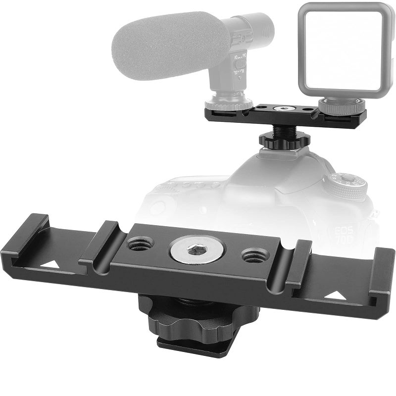 Chromlives Hot Shoe Mount Bracket Dual Hot Shoe Extension Bar Aluminum Mounting Plate Adapter Double Extension Shoe for LED Video Light Screens