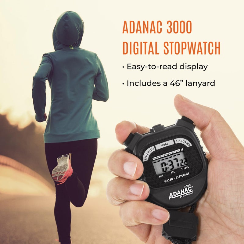 Marathon Adanac 3000 Digital Stopwatch Timer, Black - High Precision Accuracy to 1/100th Seconds - Water, Dust & Shock Resistant - 46â€ Lanyard Included - Image 2