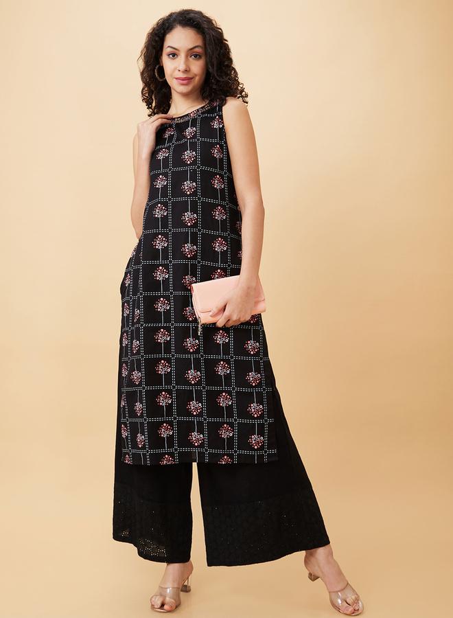 جلو باص بنطال بالازو عرقي واسع بتصميم حافة شيفلي - Image 1