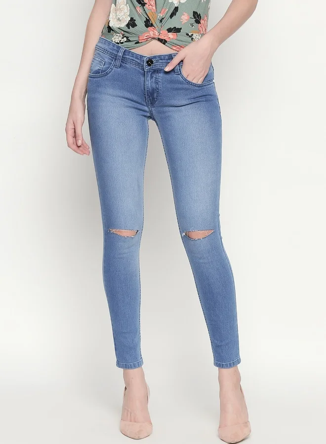 HIGH STAR Women Blue Slim Fit Mid-Rise Slash Knee Stretchable Jeans