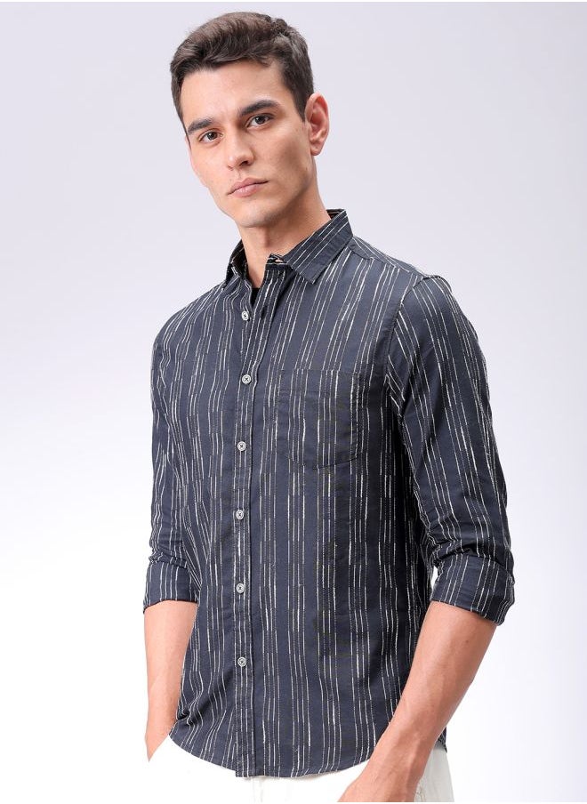 The Indian Garage Co Men Slim Fit Striped Full Sleeves Cutaway Collar Casual Shirt  - Image 3