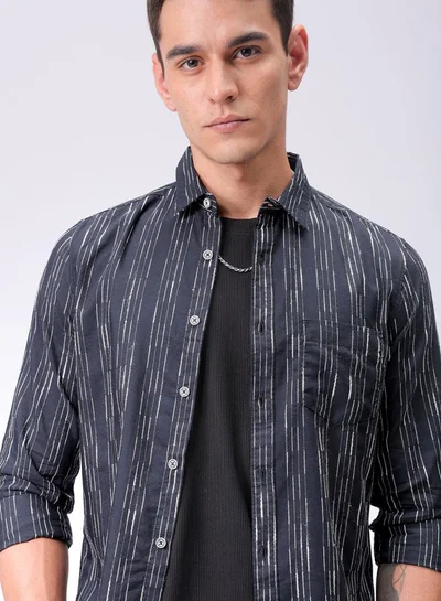 The Indian Garage Co Men Slim Fit Striped Full Sleeves Cutaway Collar Casual Shirt
