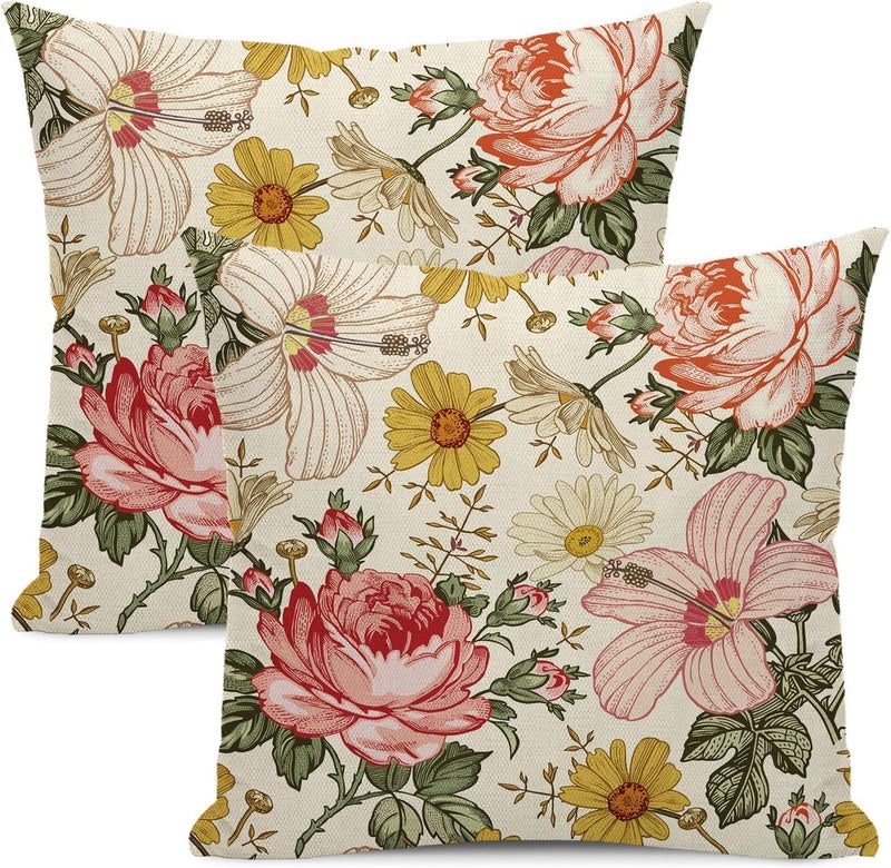 Spring Pillow Covers 18x18 Set of 2 Pink Yellow Vintage Hibiscus Chamomile Floral Throw Pillow Covers Outdoor Decorations Summer Retro Farmhouse Linen Decorative Cushion Cover for Home Sofa