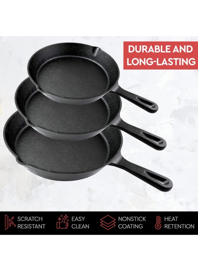الحديد الزهري Skillet 3 قطعة مجموعة - أفضل الثقيلة المهنية المطعم طباخ جودة ما قبل الموسم وعاء أدوات الطبخ مجموعة - 10 "، 8 "، 6 "وعاء - رائعة للقلي، سوت، الطبخ، البيتزا وأكثر من ذلك، أسود - Image 4