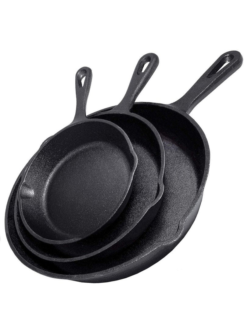 الحديد الزهري Skillet 3 قطعة مجموعة - أفضل الثقيلة المهنية المطعم طباخ جودة ما قبل الموسم وعاء أدوات الطبخ مجموعة - 10 "، 8 "، 6 "وعاء - رائعة للقلي، سوت، الطبخ، البيتزا وأكثر من ذلك، أسود - Image 1