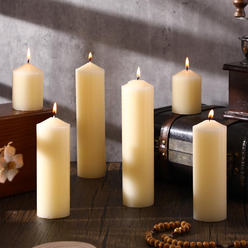 MTLEE 6 Pcs Pillar Candles Set of 3 Long Burning Wax Pillar Candles 2 in x 3, 6, 8 Inch Dripless Unscented Smokeless for Wedding Party Spa Emergency Lantern Fireplace Home Ceremony(Ivory White) - Image 1