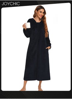 Long-sleeved Autumn and Winter Flannel Warm and Windproof Nightgown Cardigan Women Zipper Long Bedroom Pajamas with Hat and Pockets Black