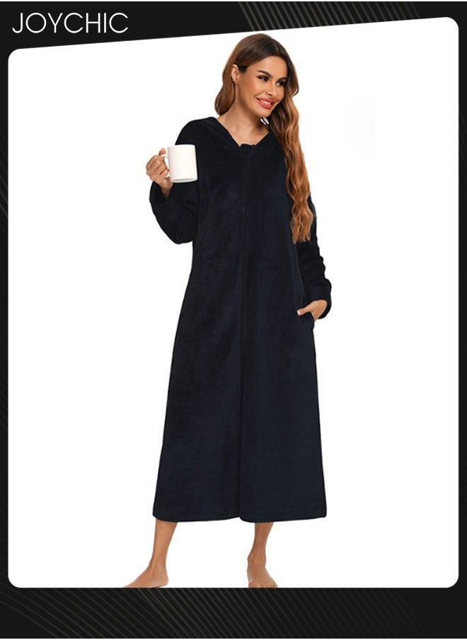 Joychic - Long-sleeved Autumn and Winter Flannel Warm and Windproof Nightgown Cardigan Women Zipper Long Bedroom Pajamas with Hat and Pockets Black - Image 1