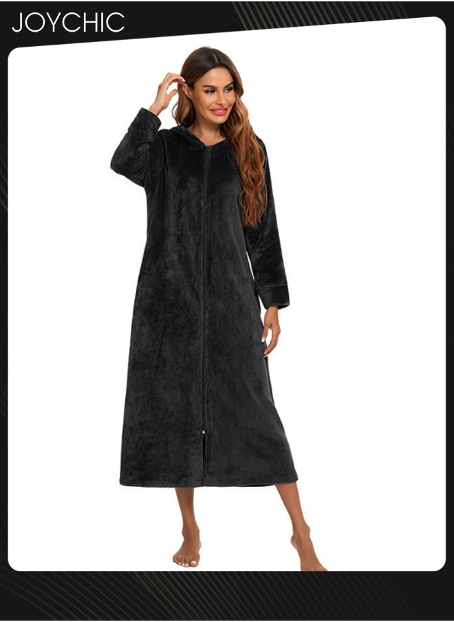 Joychic - Long-sleeved Autumn and Winter Flannel Warm and Windproof Nightgown Cardigan Women Zipper Long Bedroom Pajamas with Hat and Pockets Black - Image 1