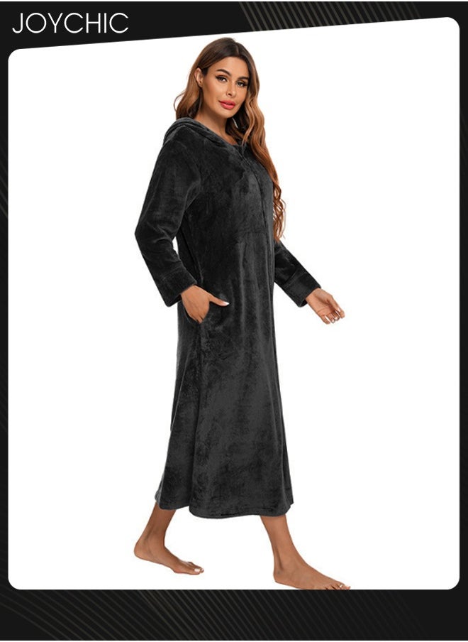 Joychic - Long-sleeved Autumn and Winter Flannel Warm and Windproof Nightgown Cardigan Women Zipper Long Bedroom Pajamas with Hat and Pockets Black - Image 1