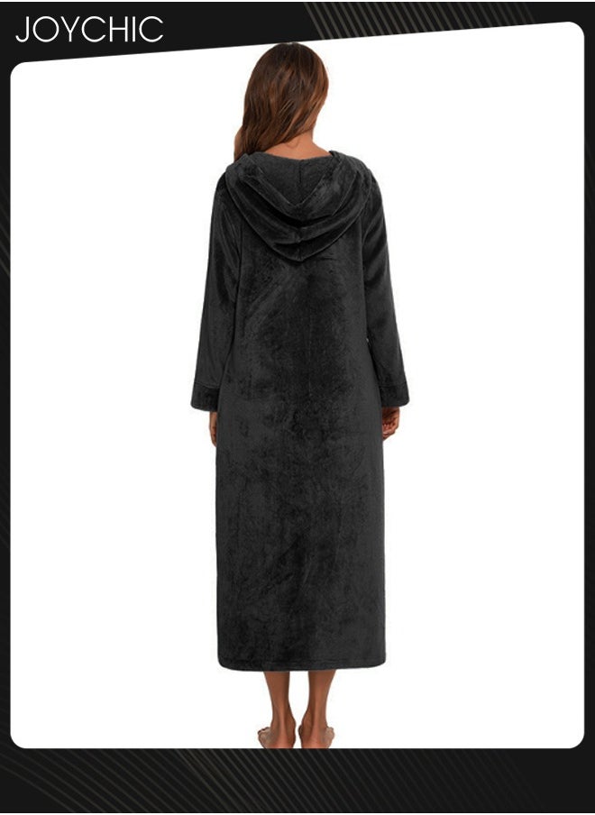 Joychic - Long-sleeved Autumn and Winter Flannel Warm and Windproof Nightgown Cardigan Women Zipper Long Bedroom Pajamas with Hat and Pockets Black - Image 1