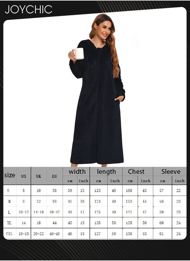 Joychic - Long-sleeved Autumn and Winter Flannel Warm and Windproof Nightgown Cardigan Women Zipper Long Bedroom Pajamas with Hat and Pockets Black - Image 1