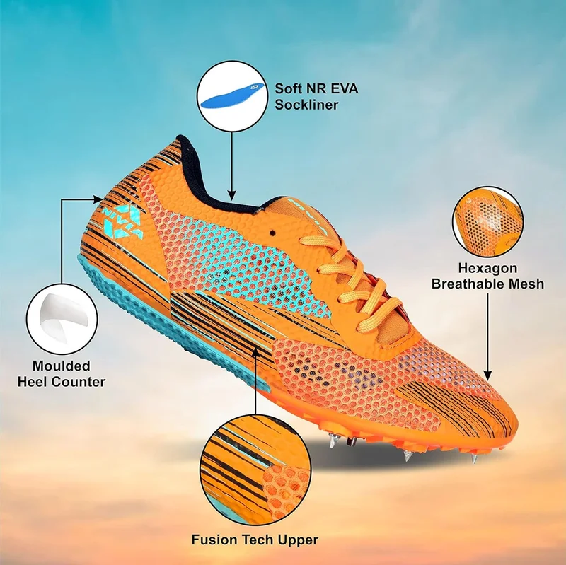 Nivia Track and Field-400 Shoes for Men - Lightweight Orange Sprinting Shoes with Spike Pins