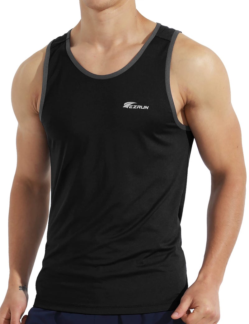 EZRUN Men's Quick Dry Tank Top UPF 50+ Summer Beach Swim Shirts for Gym Workout Athletic Muscle Sleeveless Shirts Black