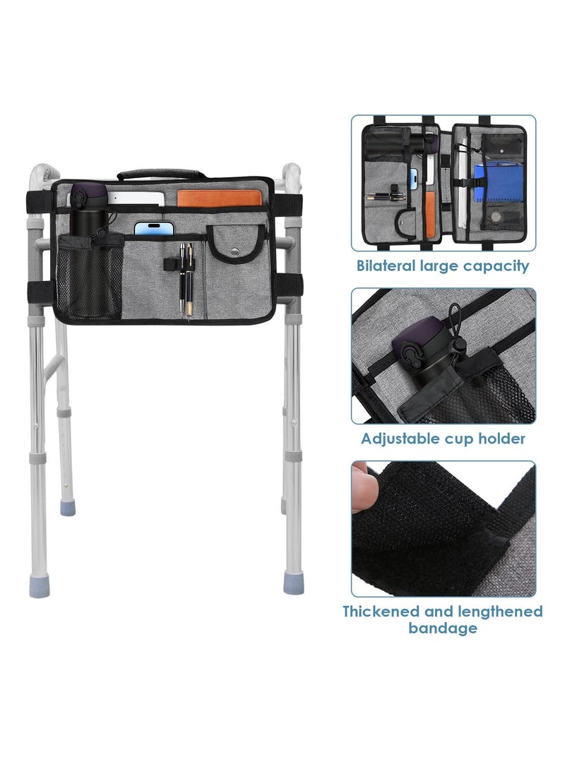 Double Sided Walker Bag Waterproof Wheelchair Side Organizer Pouch Tote Walker Storage Bag with Cup Holder Walker Pouch Tote for Rollator and Folding Walker Great Gift for Older Family Gray - Image 2